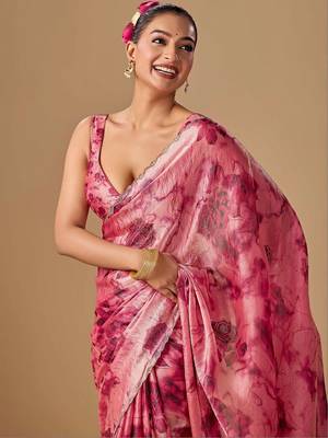 Pink tie and dye embroidered organza saree 3