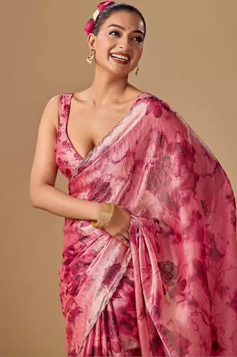 Pink tie and dye embroidered organza saree