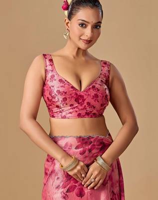 Pink tie and dye embroidered organza saree 4