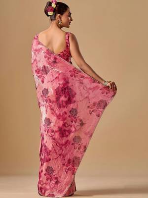 Pink tie and dye embroidered organza saree 5