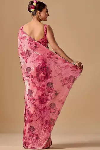 Pink tie and dye embroidered organza saree