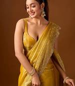 Yellow embellished zari silk blend heavy work saree