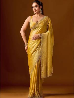 Yellow embellished zari silk blend heavy work saree 2