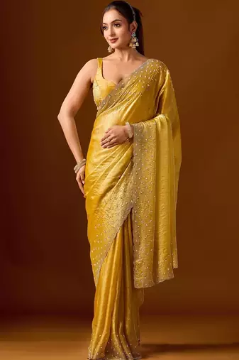 Yellow embellished zari silk blend heavy work saree