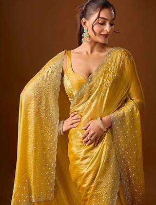 Yellow embellished zari silk blend heavy work saree 3