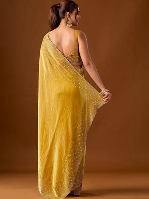 Yellow embellished zari silk blend heavy work saree 5