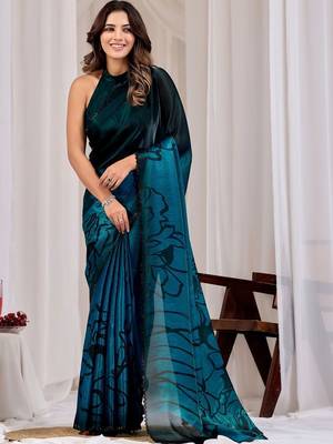 Teal floral beads and stones organza saree 1