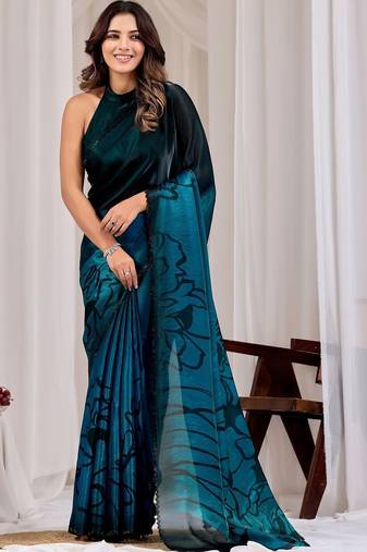 Teal floral beads and stones organza saree
