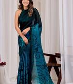 Teal floral beads and stones organza saree