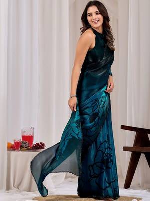 Teal floral beads and stones organza saree 3