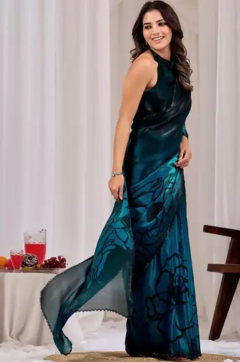 Teal floral beads and stones organza saree