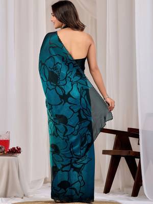 Teal floral beads and stones organza saree 4