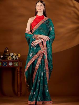 Teal bandhani embroidered organza saree 1