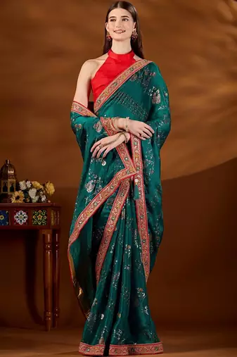 Teal bandhani embroidered organza saree