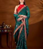 Teal bandhani embroidered organza saree