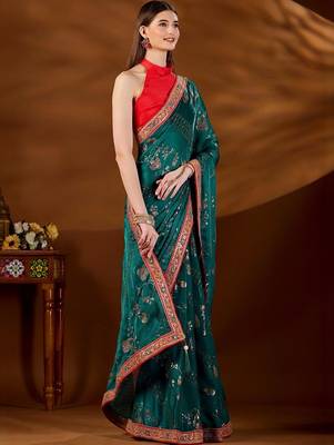 Teal bandhani embroidered organza saree 2
