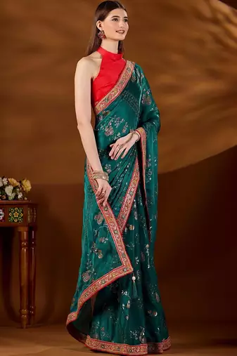 Teal bandhani embroidered organza saree