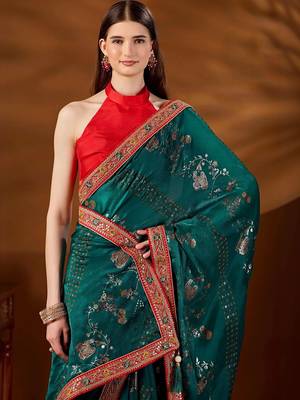 Teal bandhani embroidered organza saree 3