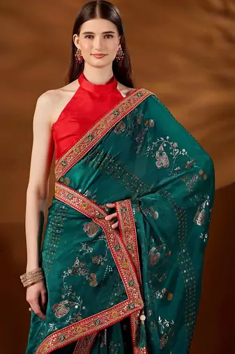 Teal bandhani embroidered organza saree