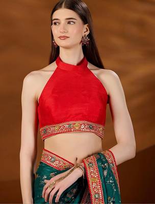 Teal bandhani embroidered organza saree 4