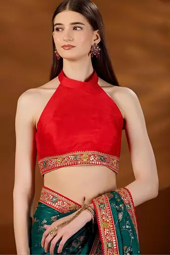 Teal bandhani embroidered organza saree
