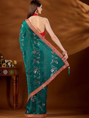 Teal bandhani embroidered organza saree 5