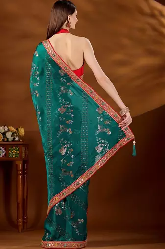 Teal bandhani embroidered organza saree