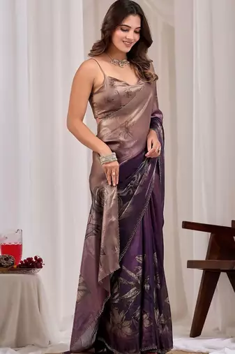 Purple floral beads and stones organza saree