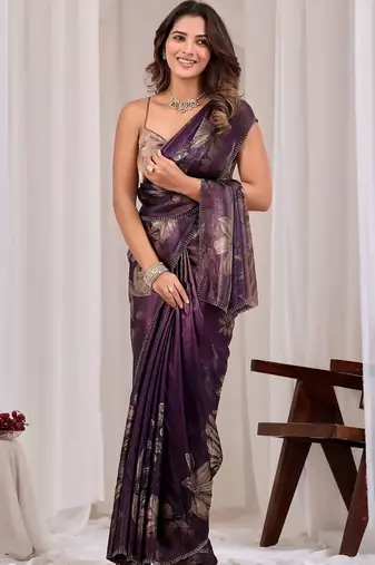 Purple floral beads and stones organza saree