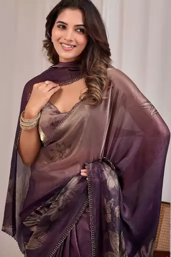 Purple floral beads and stones organza saree