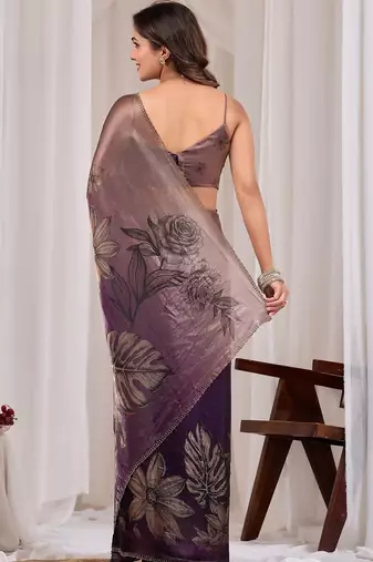 Purple floral beads and stones organza saree