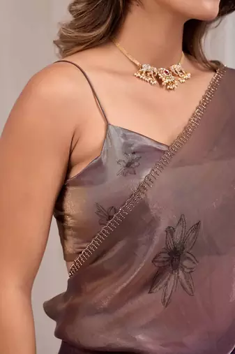 Purple floral beads and stones organza saree