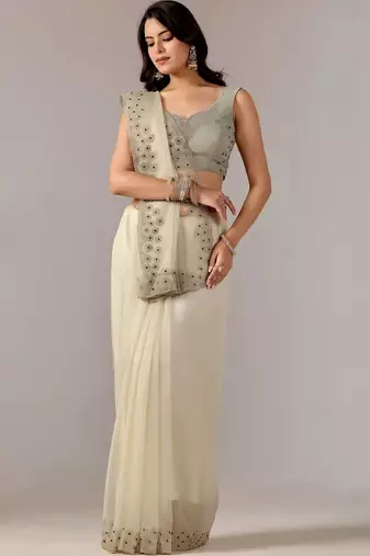 Cream embroidered  chiffon saree