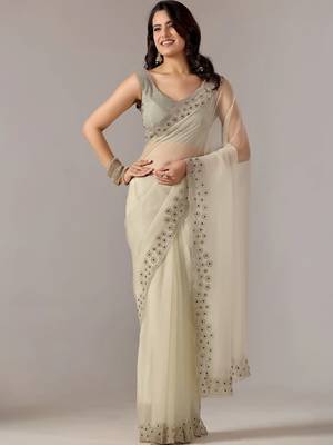 Cream embroidered  chiffon saree 3