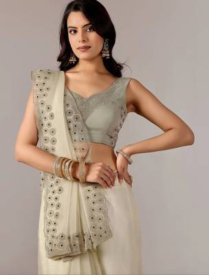 Cream embroidered  chiffon saree 5