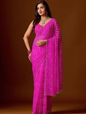Pink leheriya beads and stones  chiffon saree 1