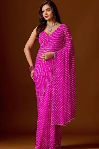 Pink leheriya beads and stones  chiffon saree