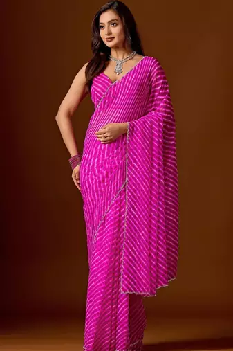 Pink leheriya beads and stones  chiffon saree