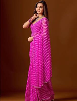 Pink leheriya beads and stones  chiffon saree 3