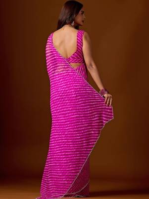 Pink leheriya beads and stones  chiffon saree 5
