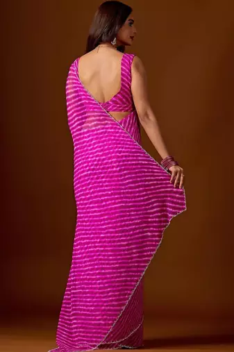 Pink leheriya beads and stones  chiffon saree