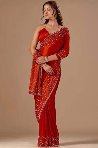Red embellished sequinned organza saree with unstitched blouse piece