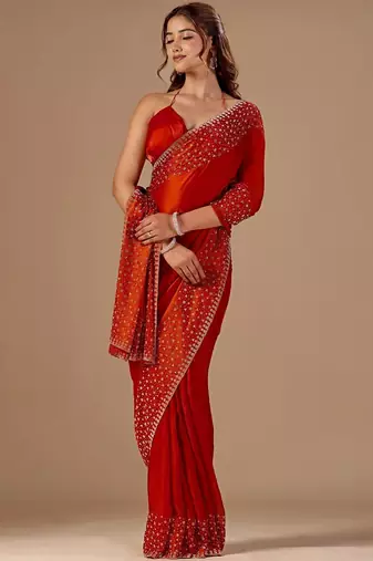 Red embellished sequinned organza saree with unstitched blouse piece