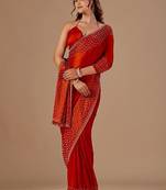 Red embellished sequinned organza saree with unstitched blouse piece