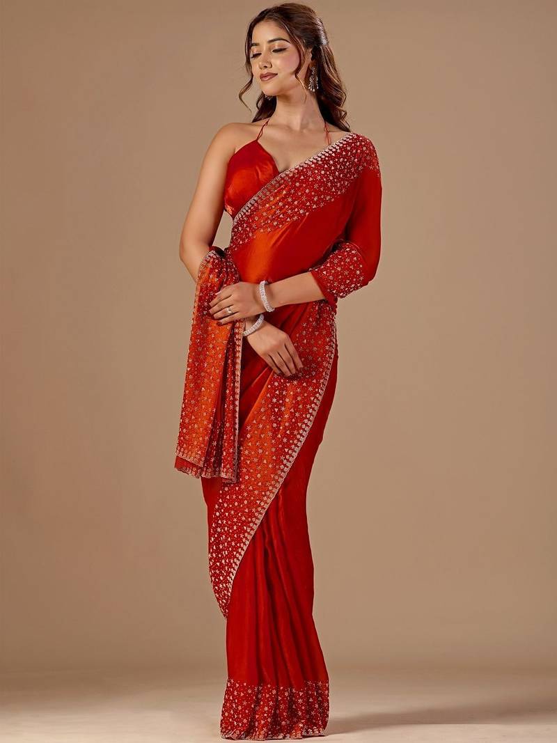 Red embellished sequinned organza saree with unstitched blouse piece
