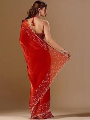 Red embellished sequinned organza saree with unstitched blouse piece 5