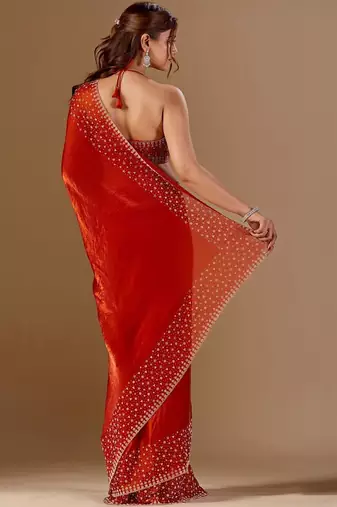 Red embellished sequinned organza saree with unstitched blouse piece