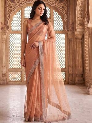 Peach embellished beads and stones tissue saree 1