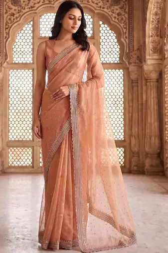Peach embellished beads and stones tissue saree