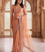 Peach embellished beads and stones tissue saree